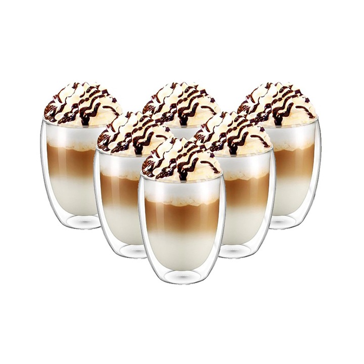 Комплект от 6 двустенни чаши от боросиликатно стъкло, термоустойчиви, 350 ml, прозрачни, EC Design