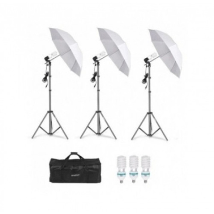 Kit lumini pentru Studio format din 3 umbrele difuzie cu 3 mufe pivotante, 3 suport trepied reglabil 80 - 200 cm si 3 becuri lumina alba 150w plus Geanta transport