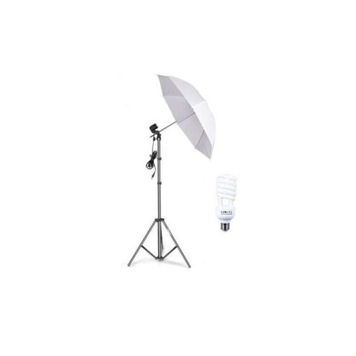 Umbrela Studio lumina difuzie, bec spiralat 40w cu suport pivotant reglabil 80 - 200 cm si mufa pivotanta, Alb