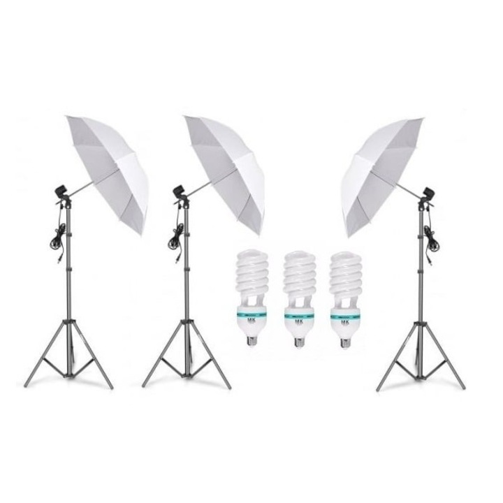 Kit lumini pentru Studio format din 3 umbrele difuzie cu 3 mufe pivotante, 3 suport trepied reglabil 80 - 200 cm si 3 becuri spiralate 150W
