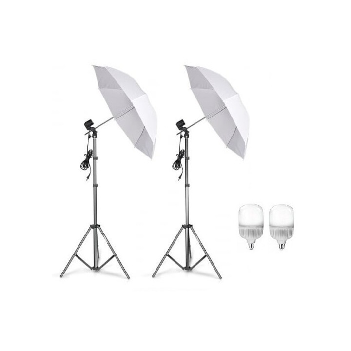 Kit doua umbrele Studio, lumina difuzie cu becuri led 20w, suport pivotant reglabil 80 - 200 cm si mufa pivotanta, Alb