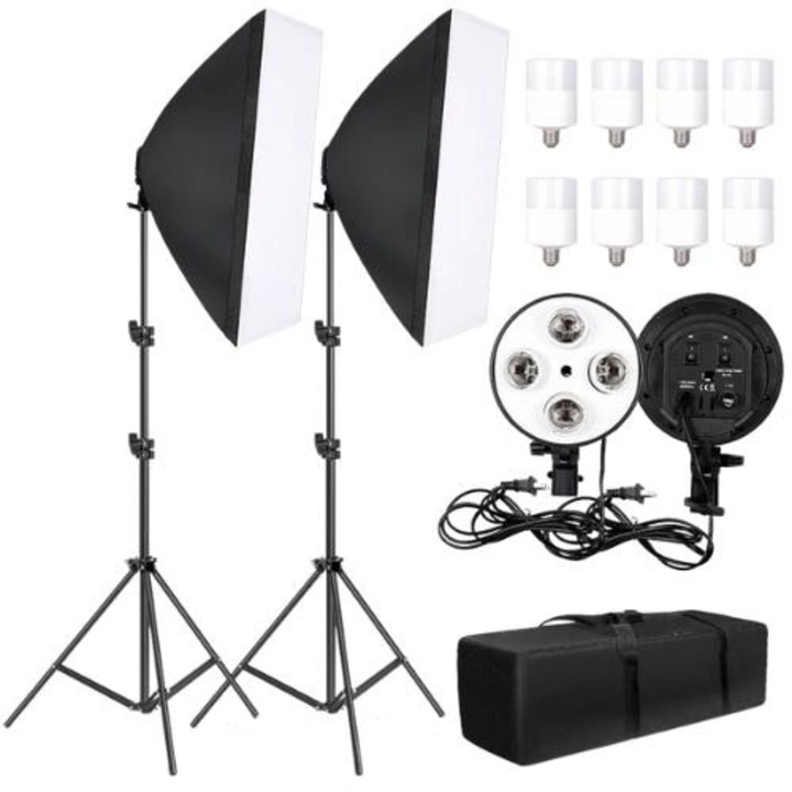 Kit de iluminare 2 Softbox studio plus suporturi reglabile 80 - 200 cm, geanta si 8 becuri LED 20w, Negru