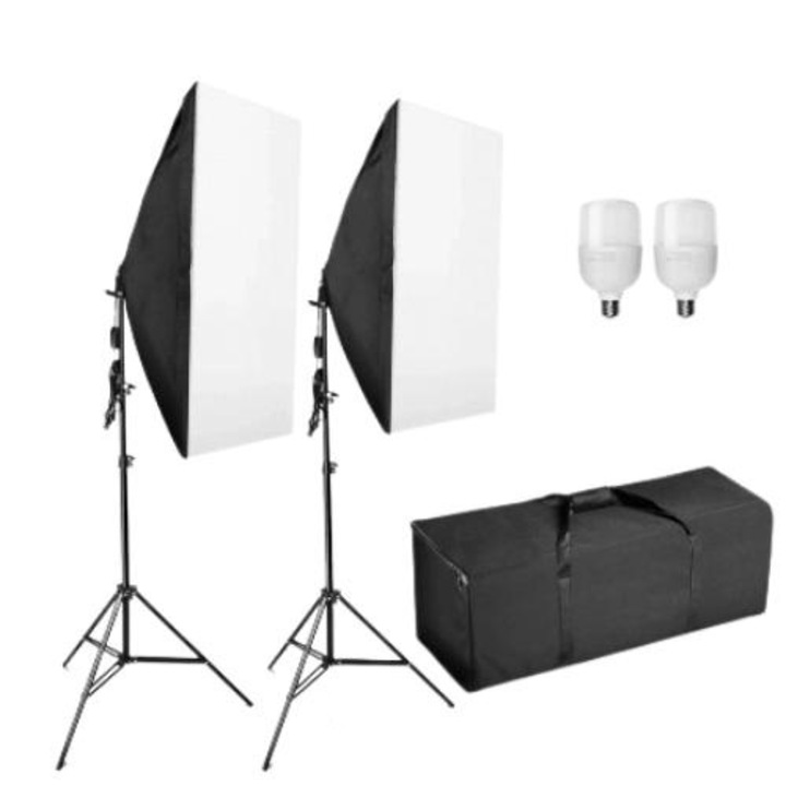 Kit doua softbox cu geanta transport, suport reglabil 80 - 200 cm si 2 becuri LED 50w