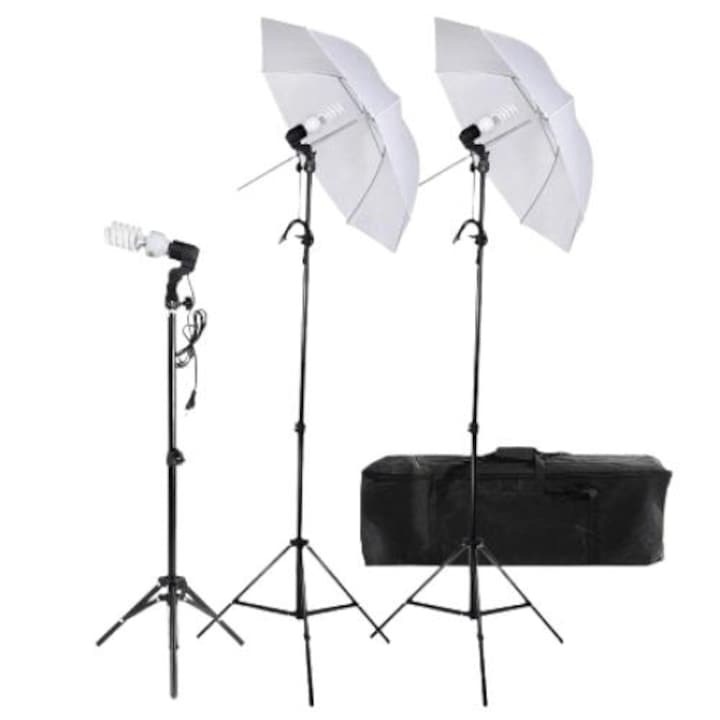 Kit 2 umbrele studio lumina difuza, geanta transport, mini stativ 80 cm, 3 becuri spiralate 40W si doua suporturi trepied 80 - 200 cm