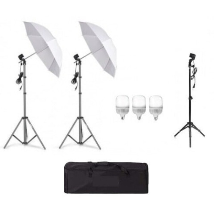 Kit 2 umbrele studio lumina difuza, geanta transport, mini stativ 80 cm, 3 becuri led 20W si doua suporturi trepied 80 - 200 cm