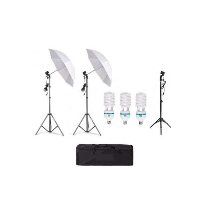 Kit 2 umbrele studio lumina difuza, geanta transport, mini stativ 80 cm, 3 becuri spiralate 150W si doua suporturi trepied 80 - 200 cm