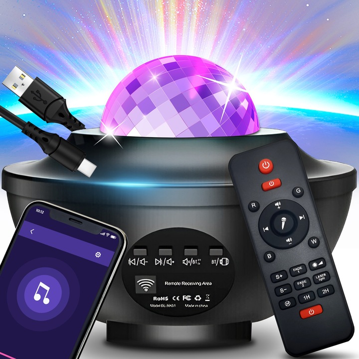 Lampa Proiector Galaxie RETOO TechPro, 3 Niveluri de Luminozitate, 360°, Efecte de Iluminare 21, Bluetooth, Cititor de Memorie USB, Telecomanda, Difuzor, Luminozitate Reglabila, 8W, Culori LED Rosu, Verde, Albastru, Alb, Cronometru Incorporat, Negru