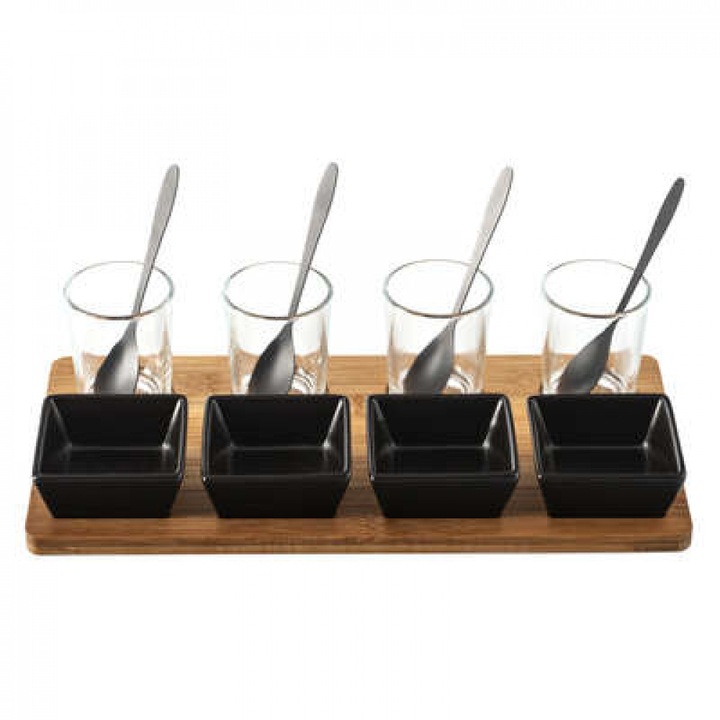 Set 13 piese pentru servire aperitive, pe suport din lemn de bambus, Secret de Gourmet, 29.5x14.8x7 cm