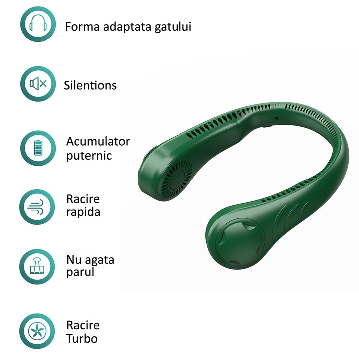 Преносим вентилатор за врат, зелен, USB акумулатор, 3 скорости - eMAG.bg
