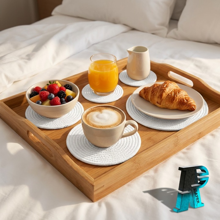 Suporturi Masa Rotunde Bumbac 100% Handmade 18cm Set 6buc Alb Protectie Termica