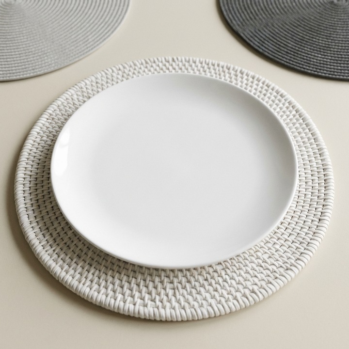 Set 6 suporturi farfurie rotunde, bumbac 100%, 30 cm, Alb antialunecare, protectie termica, handmade – Siaper