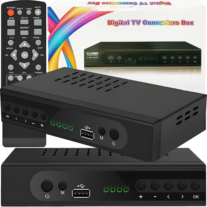 Tuner Digital RETOO TechPro, DVB-T2/T, Full HD 1080p, HDMI, USB Suplimentar, H.264, H.265 HEVC, Mod Afisare 4:3/16:9, PVR, Timeshift, Retea Online, Suport Formate Multimedia, EPG, Receptie Stabila, Negru