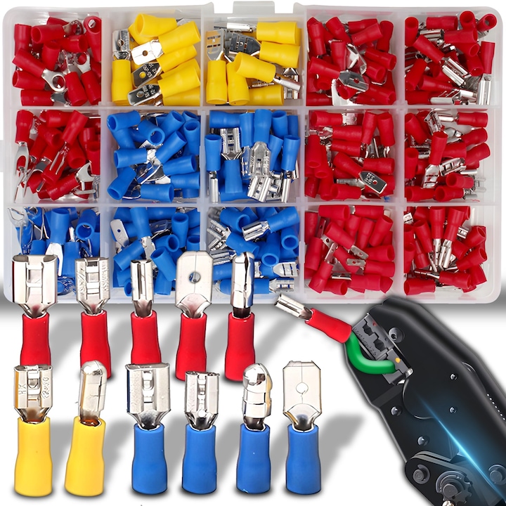 Set 280 papuci electrici, Rerminale de sertizare, Rotund, In forma de furca, Terminale izolate mama, Terminale izolate tata, Multicolor