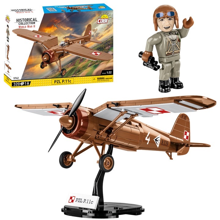 Set constructie, Cobi, Model Avion PZL P.11c, 320 Piese, +7ani, Multicolor