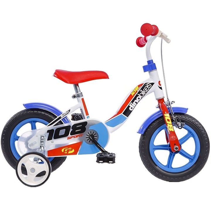 Детски велосипед Dino Bikes 10" 108 Sport, бял и син, със спирачка