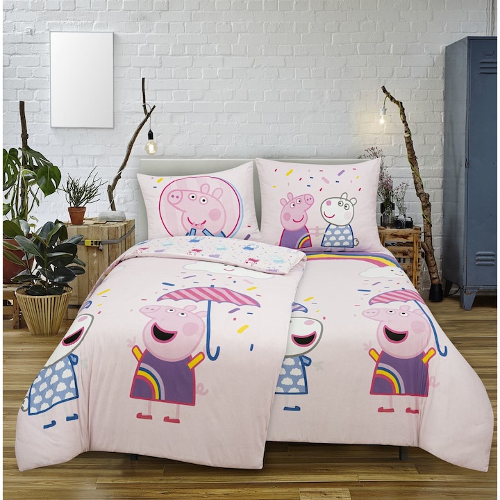 Lenjerie de pat copii Spod Igly i Nitki, Peppa Pig, 140x200cm, Bumbac, Multicolor