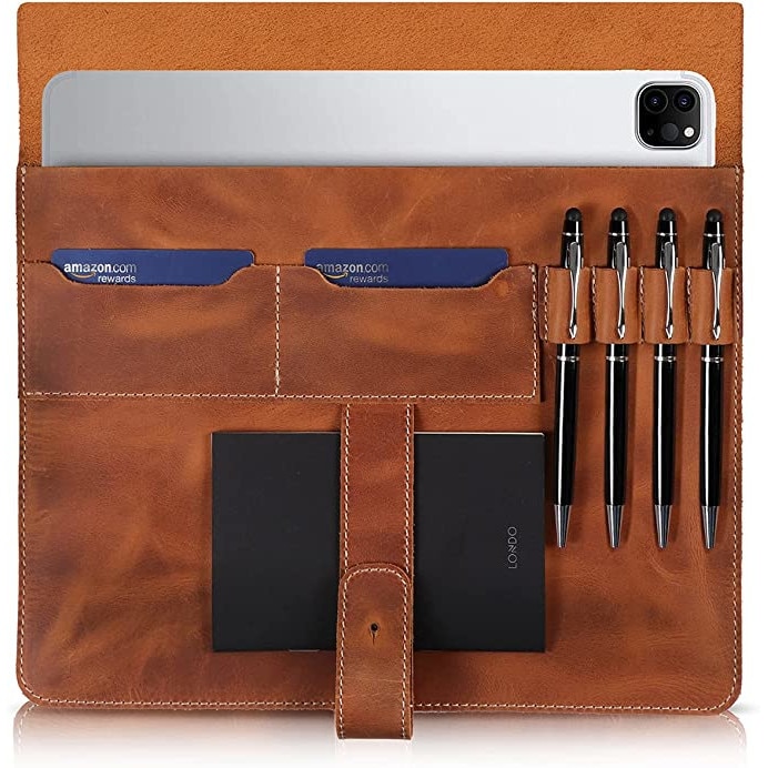 Husa din piele naturala pentru tableta de 12,9 inch compatibila cu iPad, cu doua sloturi pentru carduri si suport pentru stilou din piele, coloare Camel 12.9 Maro camel