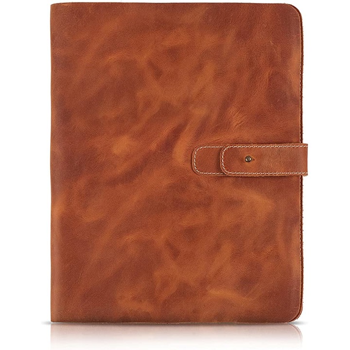 Husa din piele naturala pentru tableta de 12,9 inch compatibila cu iPad, cu doua sloturi pentru carduri si suport pentru stilou din piele, coloare Camel 12.9 Maro camel