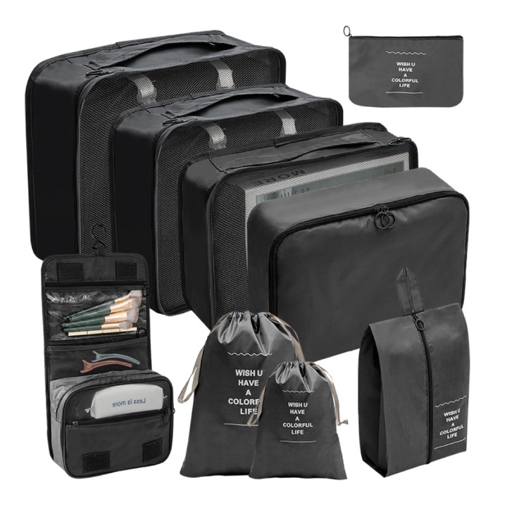 Set 9 organizatoare imbracaminte, NOTWAIT, Poliester, Rezistent la apa, Negru