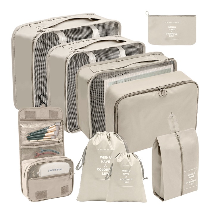 Set 9 organizatoare imbracaminte, NOTWAIT, Poliester, Rezistent la apa, Bej