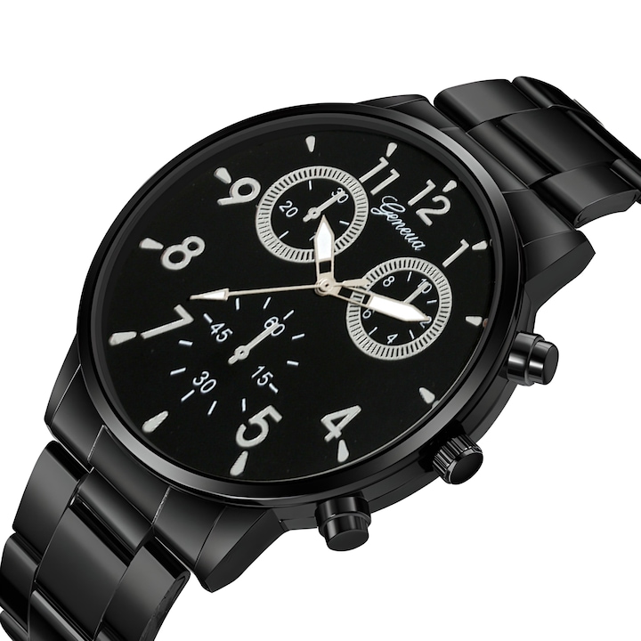 Мъжки часовник, елегантен, кварцов, черна стоманена гривна, черен стоманен корпус