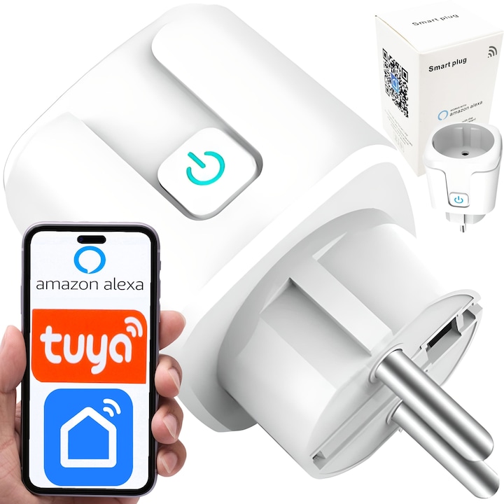 Priza inteligenta, Wi-Fi, monitorizare consum energie, voice control, 16A, Android / iOS, Smart Life, Tuya, Google Asistant, Amazon Alexa, design compact, Alb