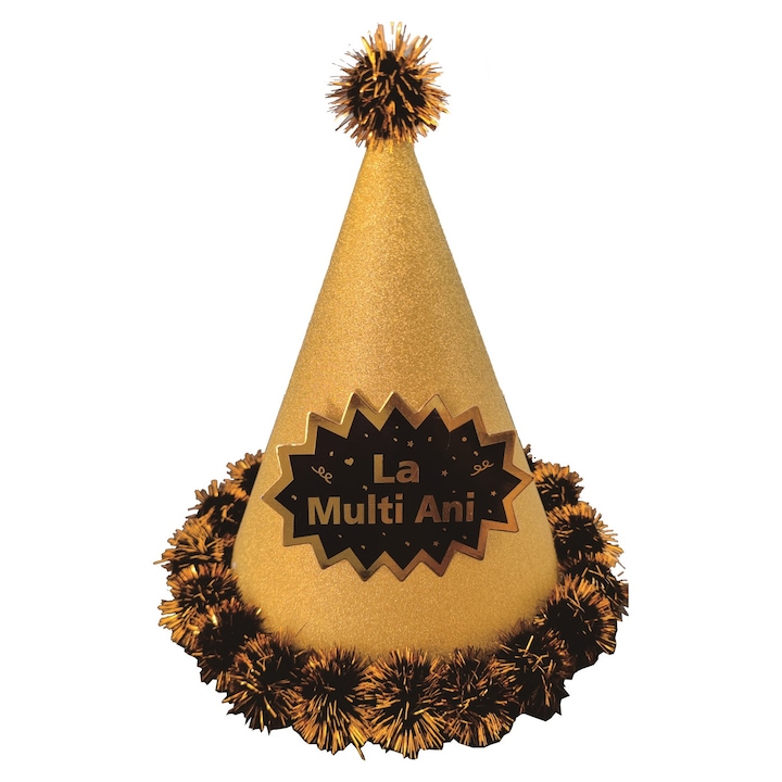 Coif pentru Petrecere, 20 cm, Golden Amber, cu beteala si mot, La multi ani