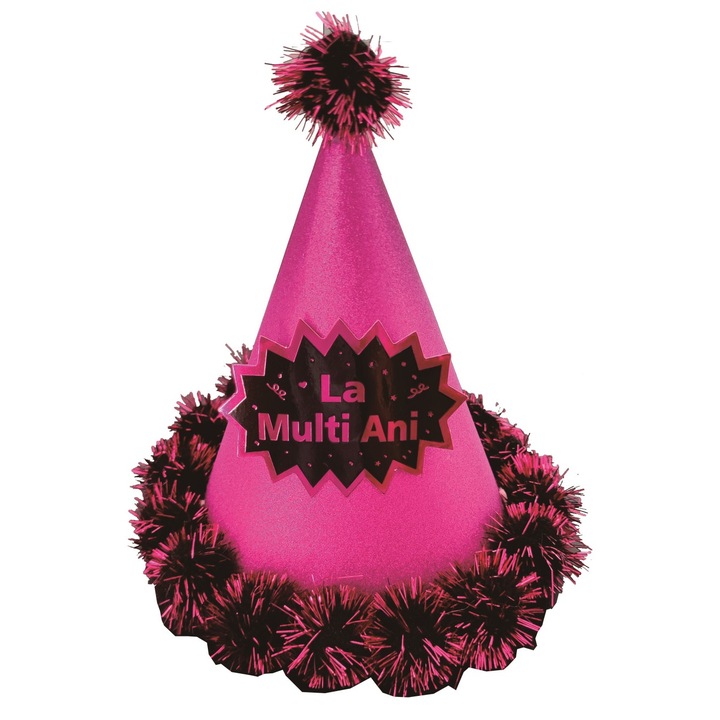 Coif pentru Petrecere, 20 cm, Roz, cu beteala si mot, La multi ani