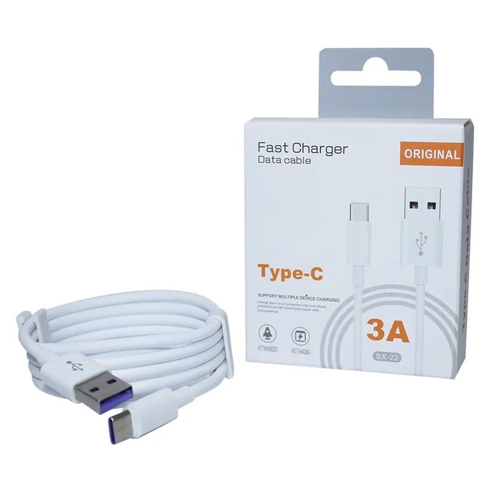 Flippy кабел за данни и зареждане, SX-22, USB към Type-C, 3A бързо зареждане, 1 m, защитен чип с TPE покритие, бял