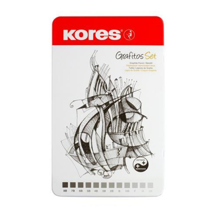 KORES Grafitceruza készlet, fém doboz, háromszögletű, GRAFITOS, 12 különböző keménység