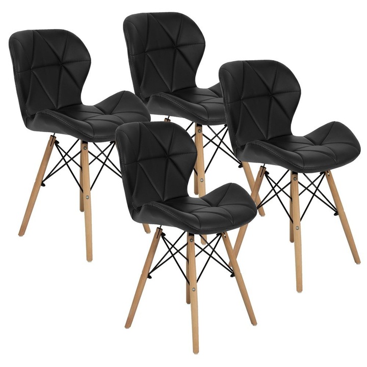 Set 4 scaune, Lemn fag/Piele ecologica, Max 150 kg, 50 cm, Negru/Maro