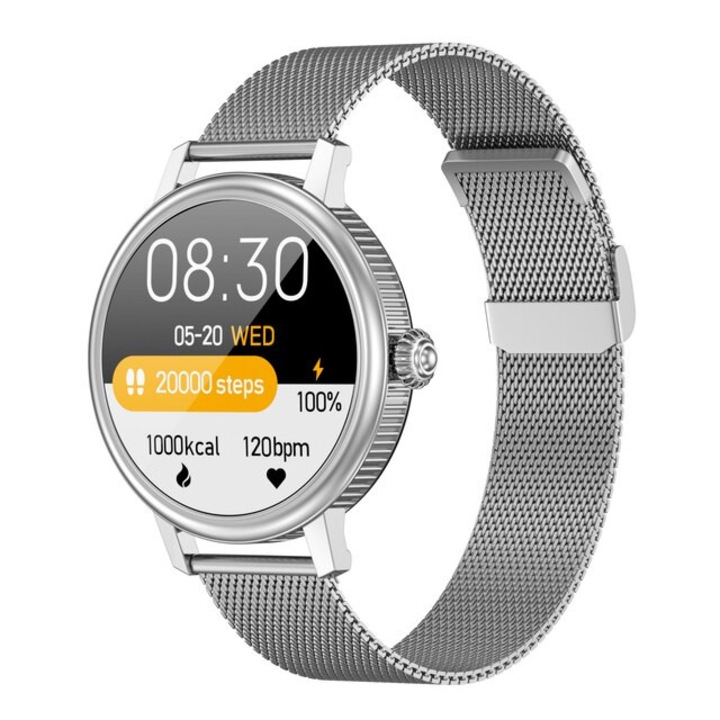 Ceas smartwatch bluethooth cf90- rezistent la apa IP68, 64KB Ram 512KB ROM, display 1.04 inch TFT cu touch screen, metalic silver