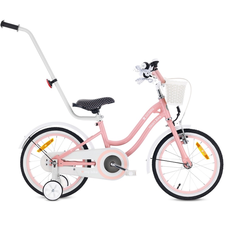 Bicicleta pentru fetite, Sun Baby, Heart Bike, 16 inch, 105x48x77 cm, 4-5 ani, cadru din otel, cu maner de impins, roti ajutatoare, roz