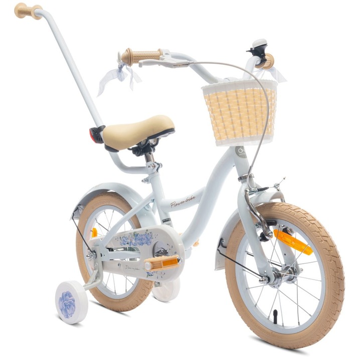 Bicicleta pentru fetite, Flower Bike, 16 inch, 105x48x77 cm, 4 ani+, cadru din otel, cu maner de impins, roti ajutatoare, cosulet, Albastru deschis