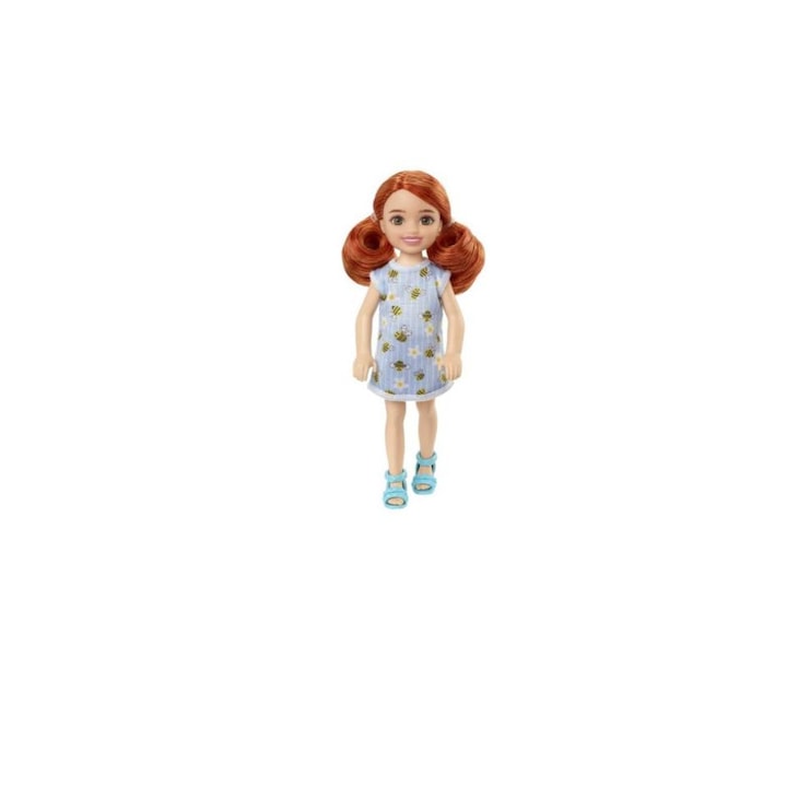 Barbie Chelsea baba vörös hajjal, gyönyörű baba, boldog gyermek, 15 cm, kék ruha