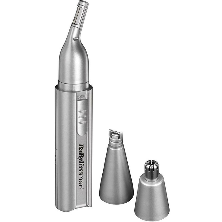 Тример за нос и уши BaByliss BA-7051BU, 3 приставки, Въртящ, Закръглен връх, Сребрист