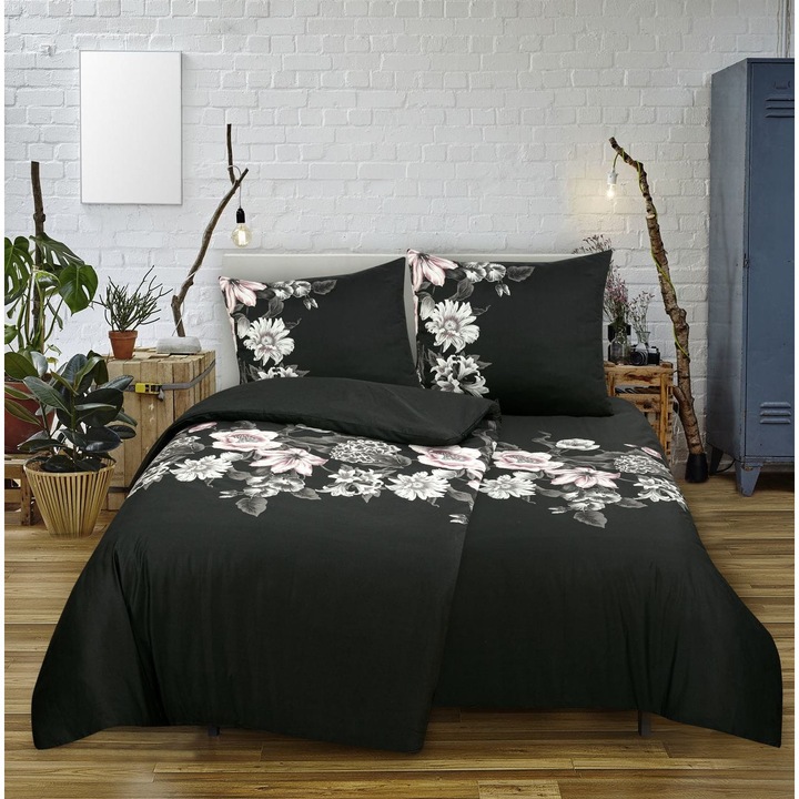 Lenjerie de pat Spod Igly i Nitki, Dark Lake, 140x200cm, Bumbac, Negru/Alb