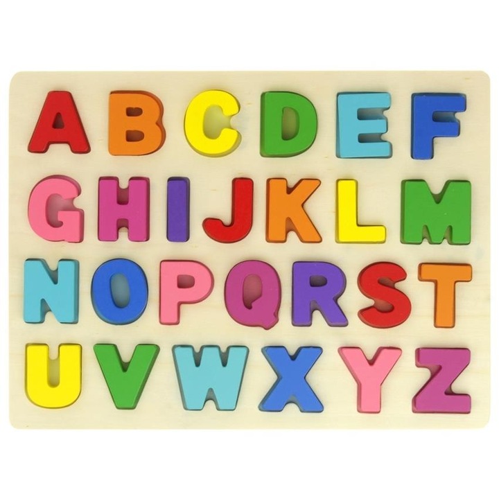 Puzzle educativ din lemn cu litere colorate, Nobo Kids, 30x22.5x0.5cm, pentru copii de 3 ani+
