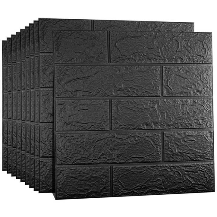 Set 12 x Tapet 3D Autoadeziv, soosable®, design modern, rezistent la apa, usor de curatat, dimensiuni 35x38cm, model caramida in relief, Negru