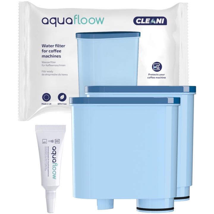 Kit intretinere espressor, Aquafloow, Compatibil cu Saeco, 2 x Filtru apa, Solutie ungere aparat