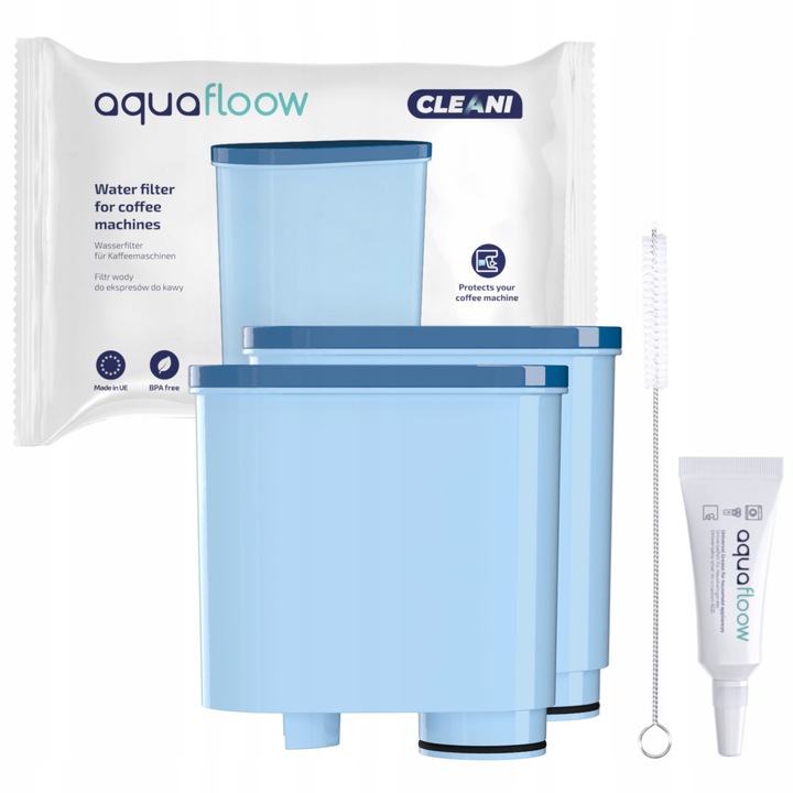 Kit intretinere espressor, Aquafloow, Compatibil cu Saeco/Philips, 2 x Filtru apa, Perie, Solutie ungere aparat