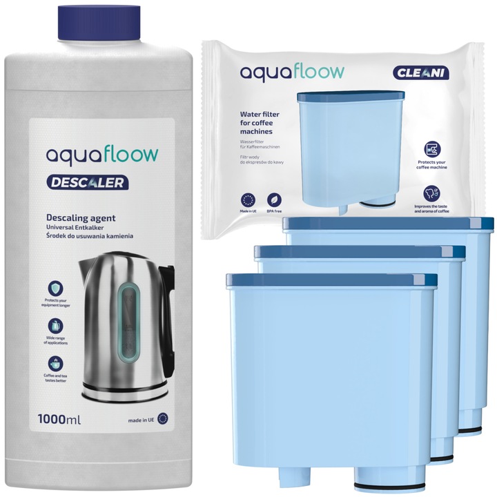 Kit intretinere espressor, Aquafloow, Compatibil cu Saeco/Philips, 3 x Filtru apa, Solutie decalcifianta, 1 l