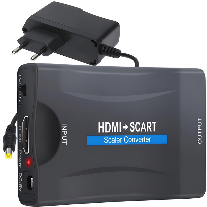 HDMI към Scart адаптер, Active, Full HD, euroscart аналогов към hdmi цифров преобразувател с видео щепсел и майчин аудио звук, USB 5V захранващ кабел