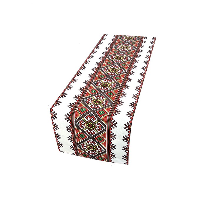 Fata de masa, Traversa model traditional, rosu geometric, 35 x 180 cm