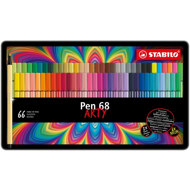 Set carioci, Stabilo, Pen 68 Arty, cutie metalica, 66 piese