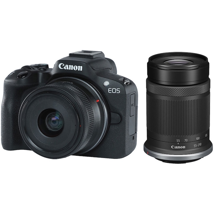 Fényképezőgép tükör nélküli Canon EOS R50, 24,2 MP, 4K + 18-45 mm-es objektív + 55-210 mm-es objektív, fekete