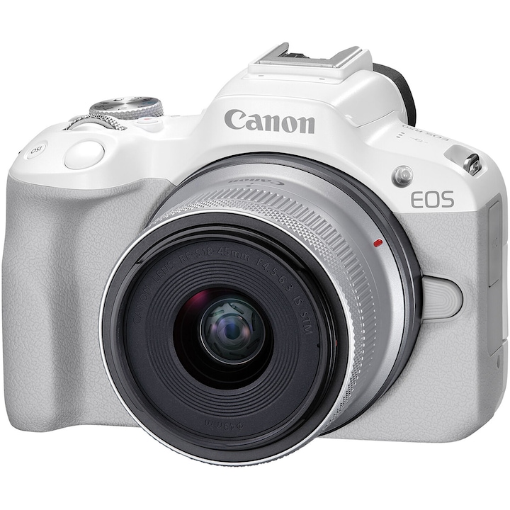Canon EOS R50 tükör nélküli fényképezőgép, 24,2 MP, 4K + 18-45 mm objektív, fehér