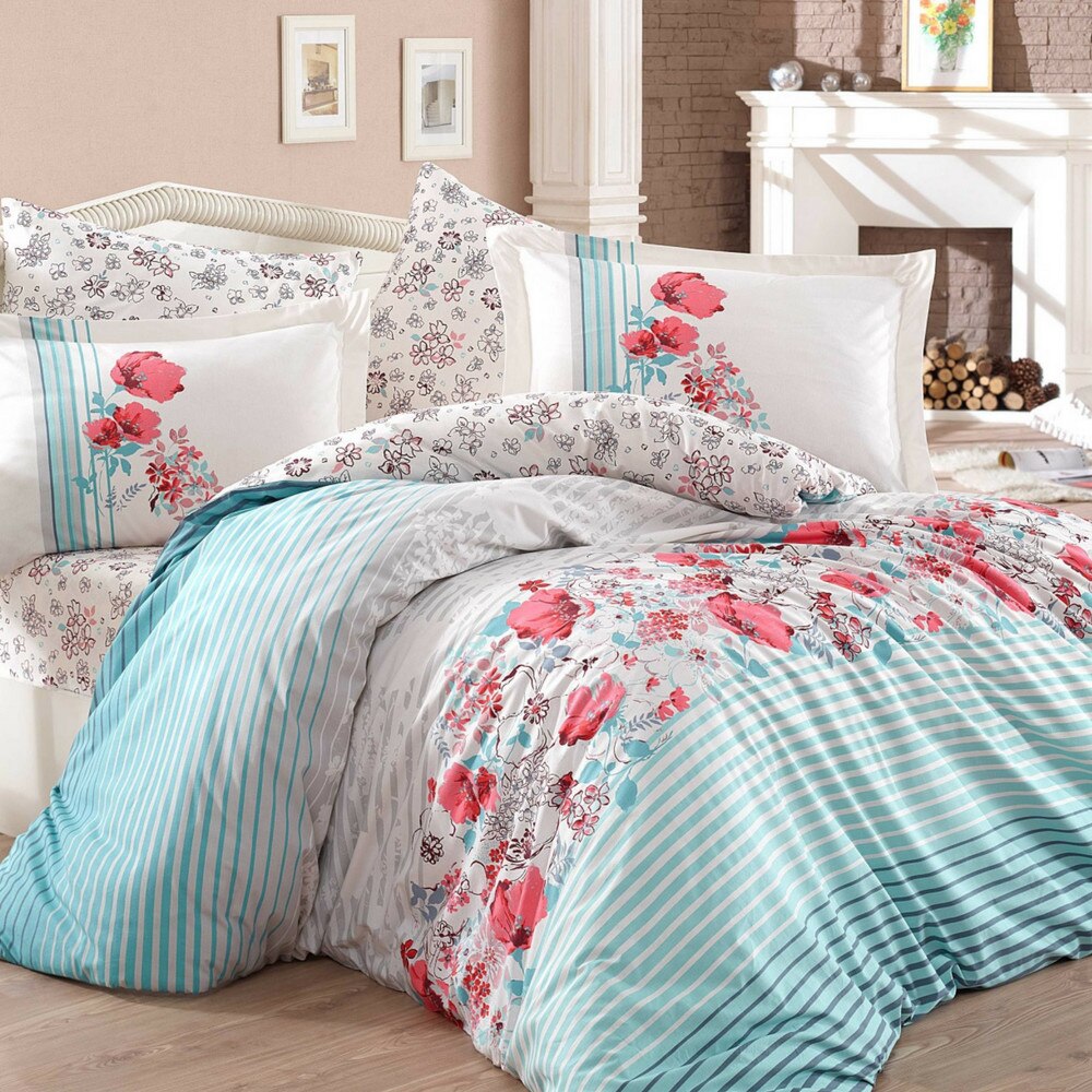 Lenjerie de pat bumbac Hobby FIESTA TURQOAZ, lenjerie pat dublu, 4 piese, 200x220 / 50x70, 100% bumbac