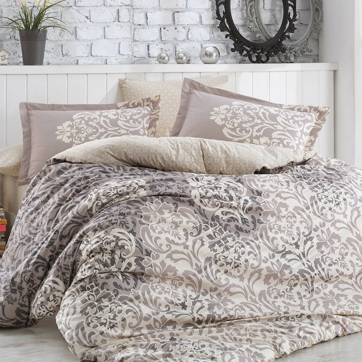 Lenjerie de pat bumbac Hobby SERENITY BEJ, lenjerie pat dublu, 4 piese, 200x220 / 50x70, 100% bumbac