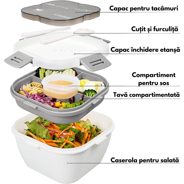 Cutie Alimentara Pranz, Bukate®, 1.7L, Recipient sos, Caserola cu 4 Compartimente, Alb-Gri
